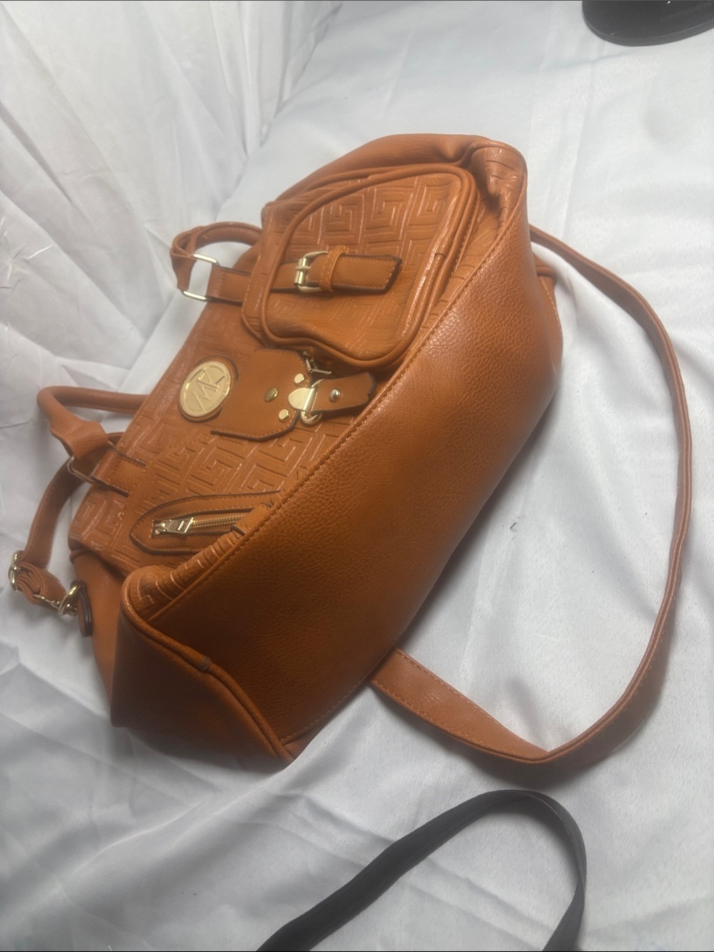 Cognac Embossed Leather Satchel with Gold Medallion - Picture 2 of 4